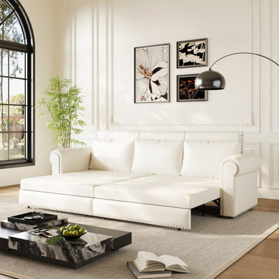 Canapé Chesterfield, canapé-lit gigogne 93,7 po, canapé-lit convertible 3 en 1 en similicuir avec garniture cloutée et accoudoirs roulés, canapé-lit multifonctionnel pour le salon, la chambre à coucher