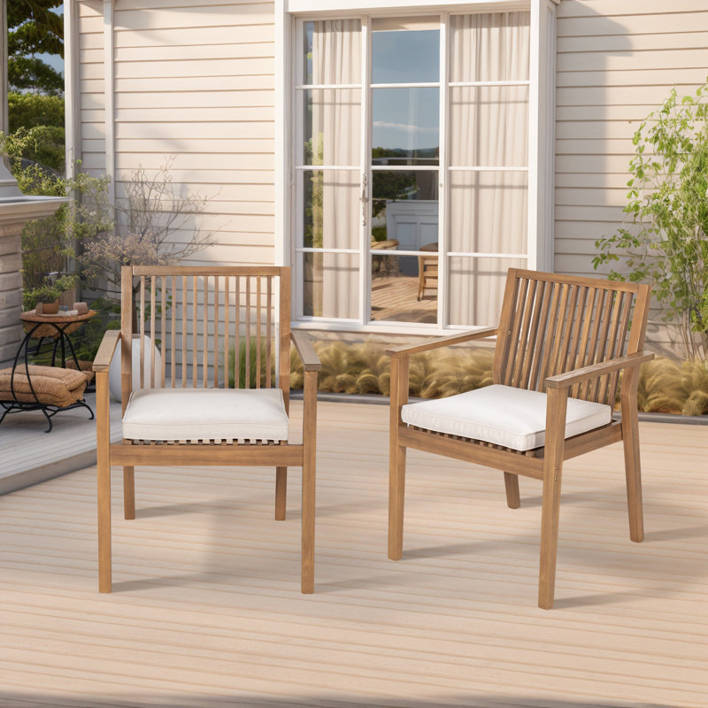 Acacia Wood Outdoor Dining Armchair With Cushion(Set Of 2), Brown