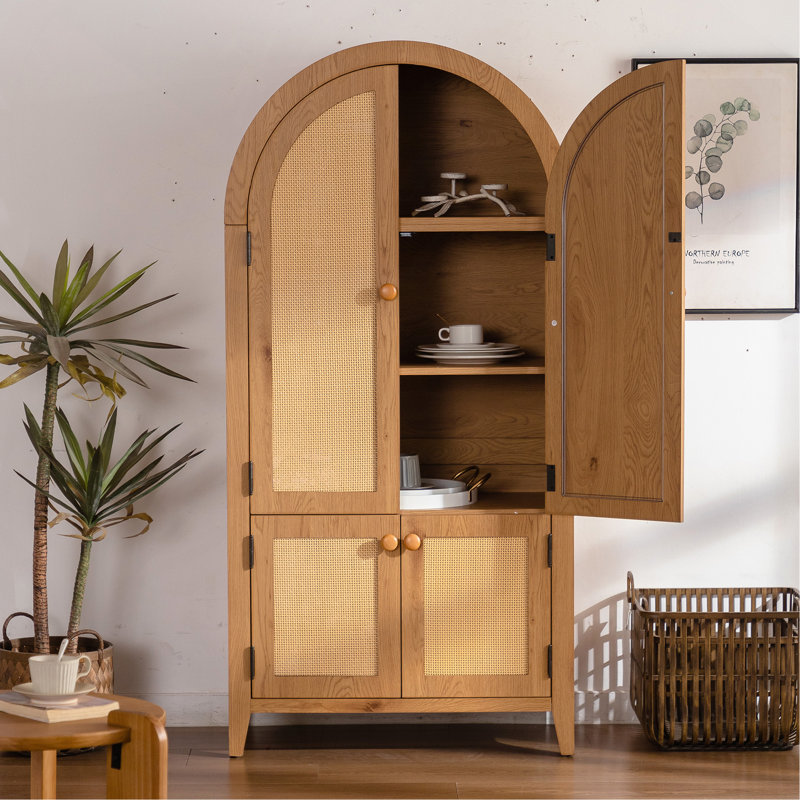 Cabinet 63. 39" Arched Kitchen Pantry, Tall Arched Bookcase Rattan Storage Cabinet With Doors Adjustable Shelves, Farmhouse Freestanding Cupboard For Bathroom, Living Room, Dining Room
