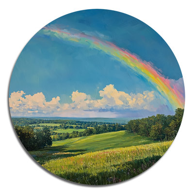 Rainbow In The Open Pasture - Rainbow Round Metal Wall Decor, Traditional Green Metal Art Print
