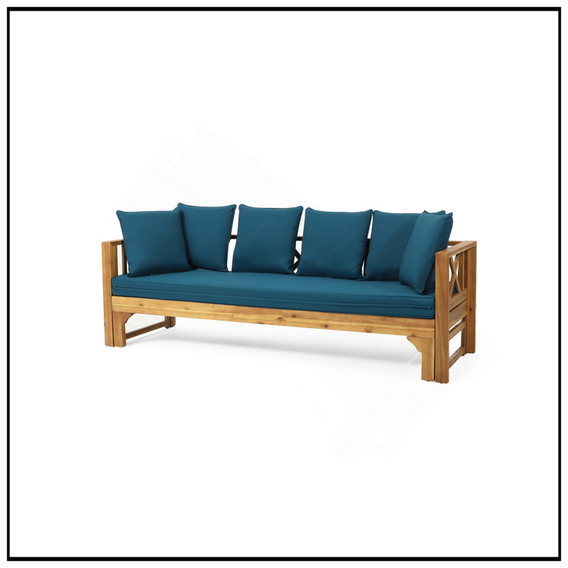 Lit de jour en bois d'acacia Long Beach avec structure en X rustique, conception extensible et coussins résistants à l'eau pour une détente en plein air