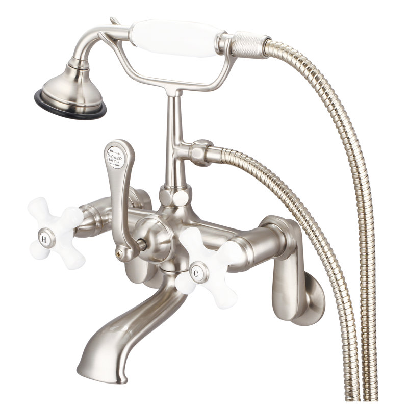 Stonington 3 Handle Clawfoot Tub Faucet, Porcelain Cross Handles, Brushed Nickel