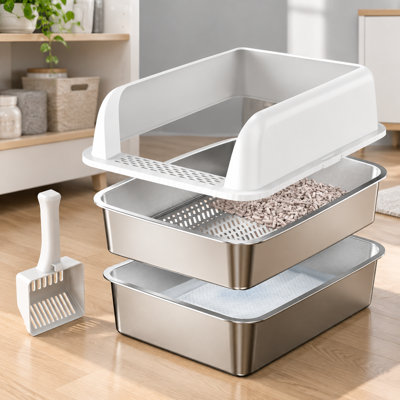 Stainless Steel Sifting Litter Box with Lid, High‑Sided Anti‑Leakage Enclosed Cat Toilet, Easy‑Clean Sifting Design Less Tracking, Specialized for Pine Pellet Litter and Large Cats