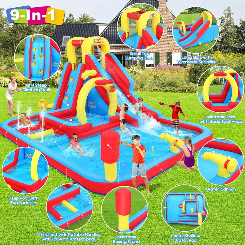 Parc aquatique gonflable Mega de 13 pi x 10 pi avec souffleur turbo de 52 W Adam - Combo de maison de rebond géante pour l'extérieur de 6,8 pi, glissoire de qualité commerciale et panier de basketball, parc aquatique de 350 lb pour 5 enfants