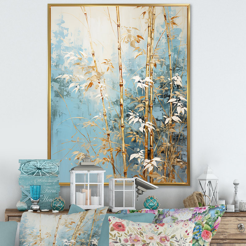 Or et bambou bleu I sur impression sur toile, H 44 po x l 34 po x P 1,5 po, Cadre flottant doré