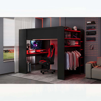 Lit double superposé en bois pleine grandeur avec bureau réglable, garde-robe, rangement spacieux et éclairage RVB pour les joueurs et les multitâches