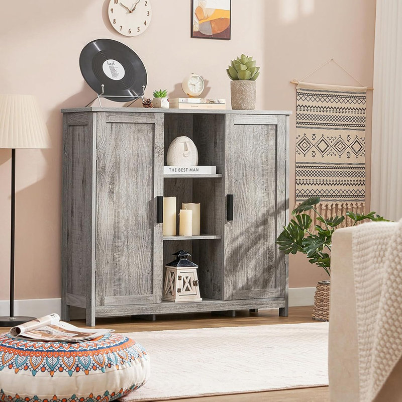 Armoire de rangement avec 2 portes et 4 tablettes réglables, armoire avec rangement, armoire de plancher pour le salon, le vestibule, la cuisine, gris rustique