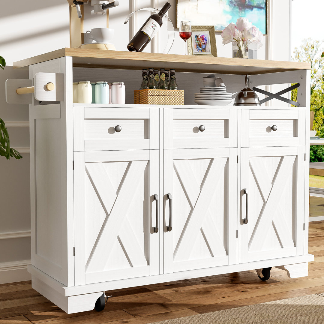 118 Cm Wood Kitchen Cart With 3 Doors & 3 Drawers