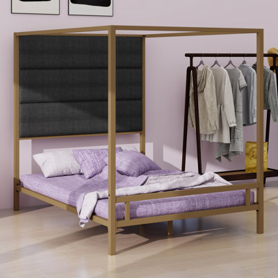 Refined 4‑Poster Canopy Bed for Bedroom, Modern Style with Tall Upholstered Headboard