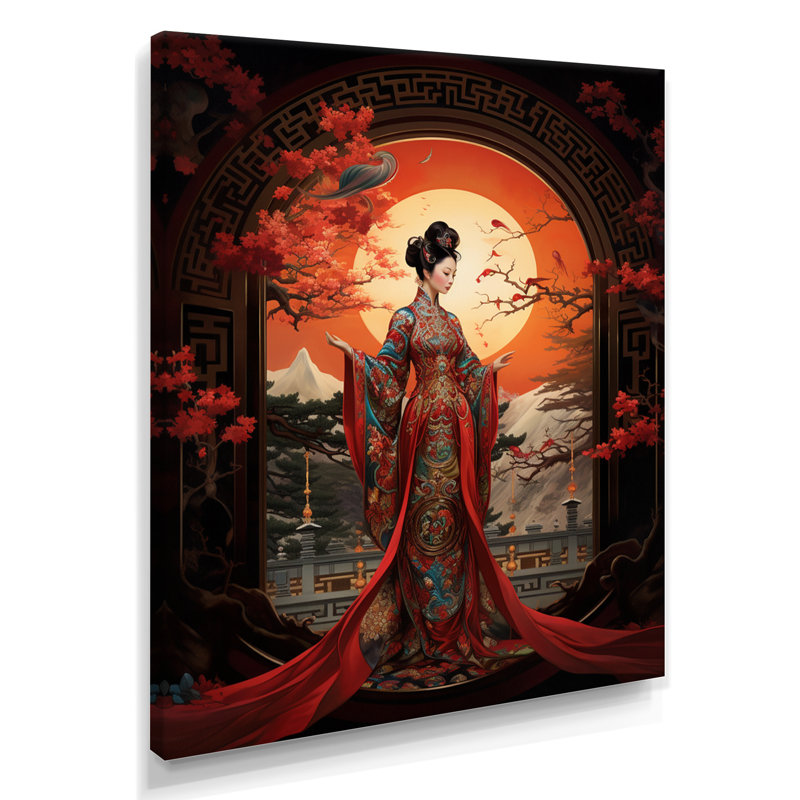 Beauté asiatique en kimono rouge - art mural Japon, Toile tendue, H 20 po x l 12 po