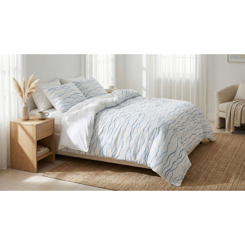 Ensemble de housse de couette XXL (1 housse de couette et 1 taie d'oreiller), blanc et bleu, 61,0 x 86,6 pouces | 70% coton / 30% polyester, lavable à la machine, 145 fils | Impression élégante de pigment, fermeture à boutons pour la couette et fermeture à enveloppe pour la taie d'oreiller