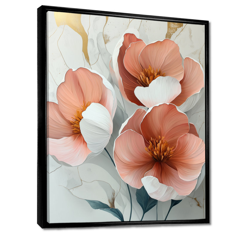 Blanc et corail, pivoines élégance III - pivoines, impressions sur toile, Noir, Reproduction avec cadre flottant