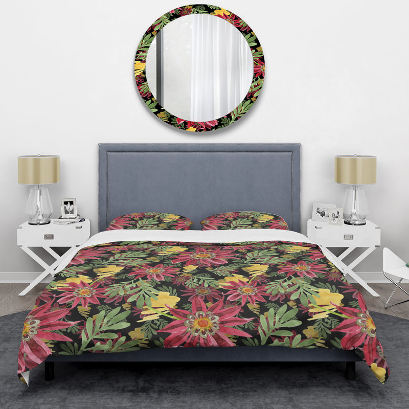 Fleur rouge et feuille verte - ensemble de housse de couette floral - microfibre de polyester