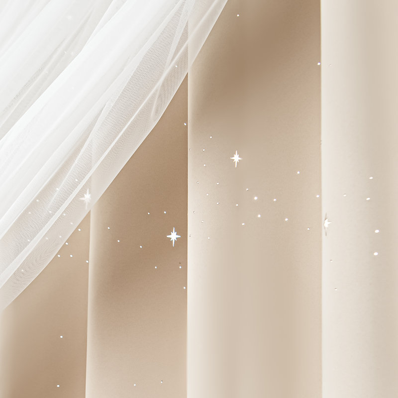 Night Sky Laser Punch Tulle Overlay Room Darkening Silver Grommet Curtains, Beige