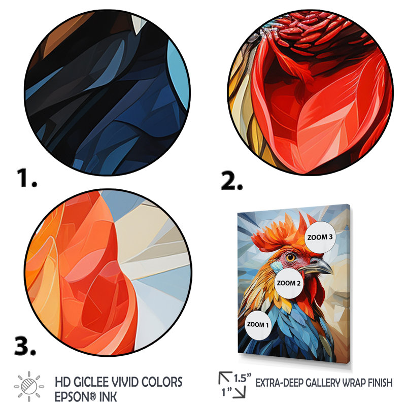 «Cubic Colorful Rooster Collage III», art mural animal de poule, Cadre doré simple, H 32 po x l 24 po x P 1 po