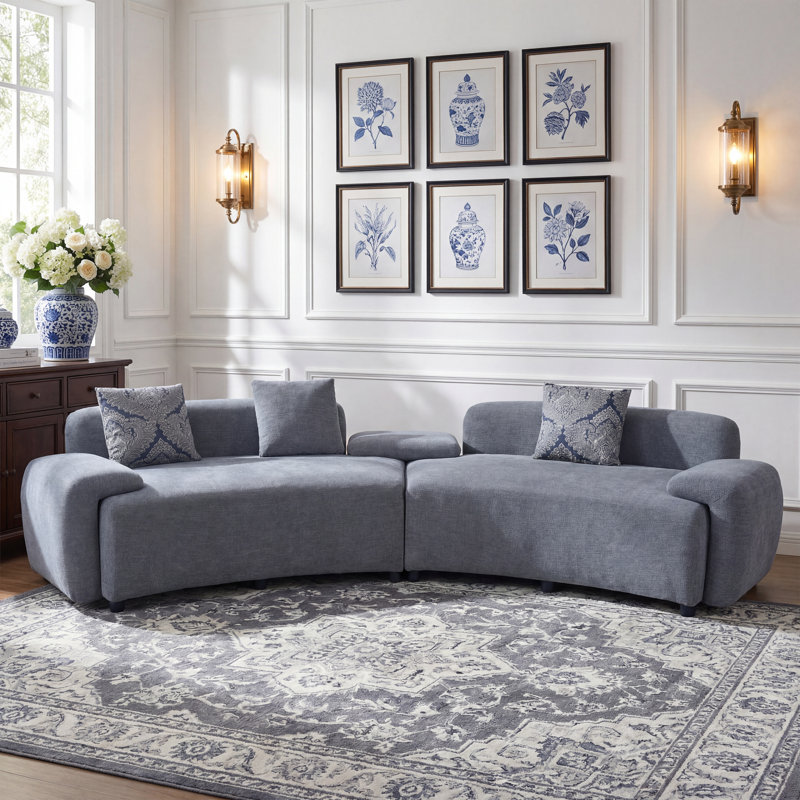 122" Grey Curved Sofa with 2pcs Damask Pattern Pillows,Modern Couch