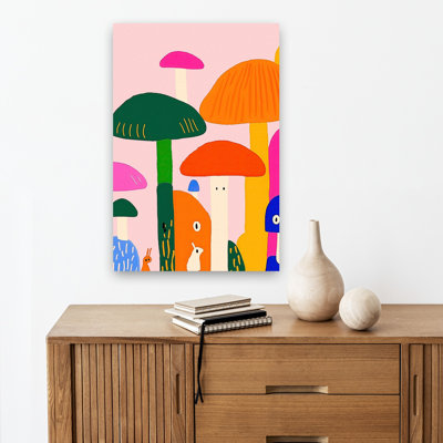 Whimsical Mushroom Forest Colorful Playful Vibrant Forest Nature Wall Art Print by Mathieu - Wrapped Canvas Print