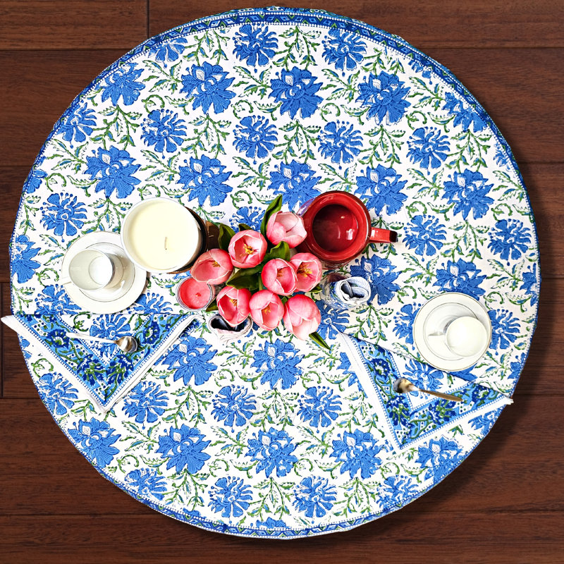Block Print Lotus Flower Cotton Round Tablecloth