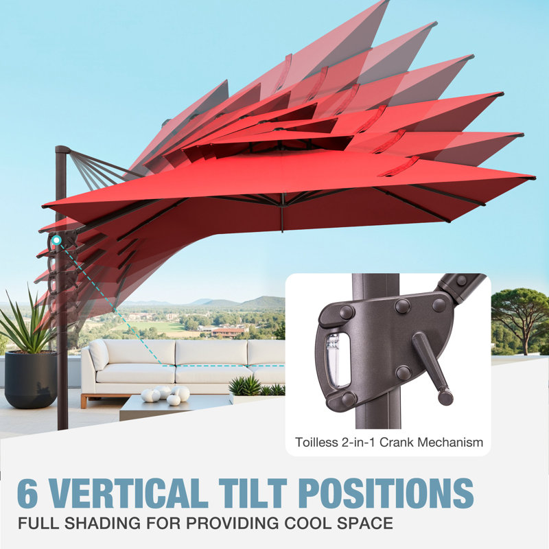 Parasol extérieur carré en porte-à-faux décalé en aluminium 128 po sans base lestée, Rouge