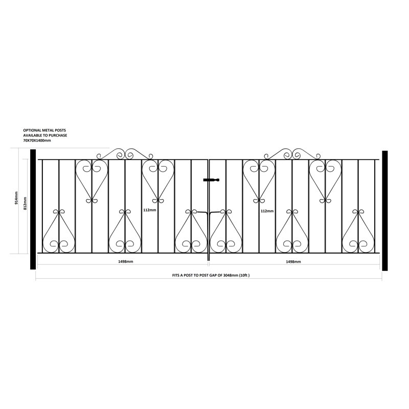 Suez Scroll Metal Driveway Gate 91cm High, 305cm WX 91cm H