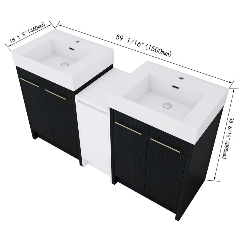 Meuble-lavabo autoportant avec lavabo en résine et armoires de rangement, avec porte à fermeture douce