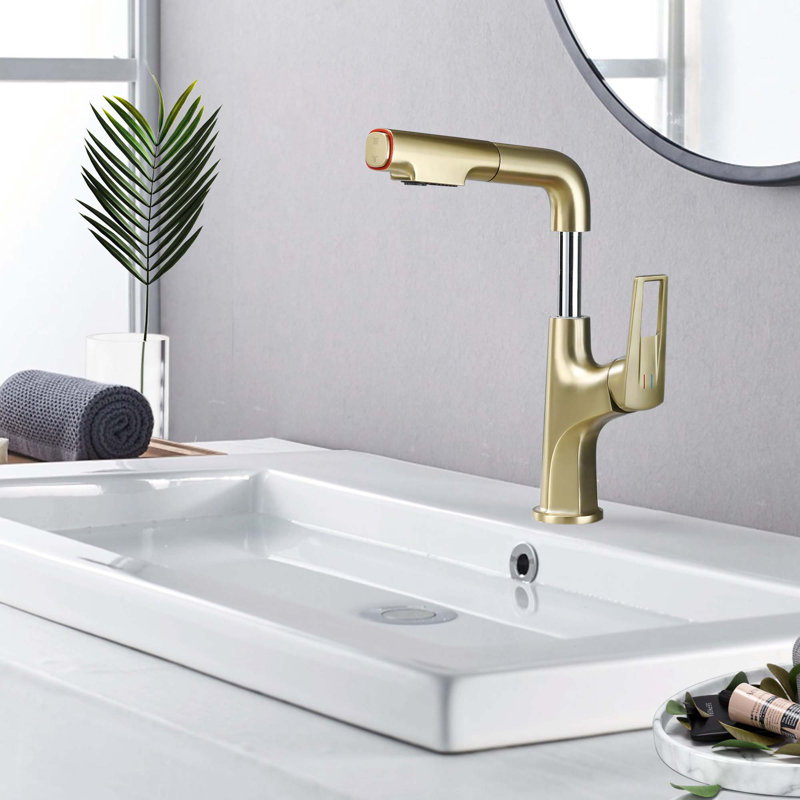 Pull-Down Vessel Faucet - Single Hole Bathroom Sink Faucet with Lift Spout & Dual Spray Modes​, Brushed Gold