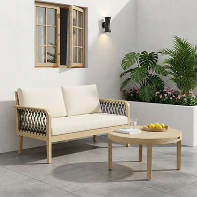 Loisada Outdoor 2-Piece Acacia Wood Conversation Set With Handwoven Rope & Cushions