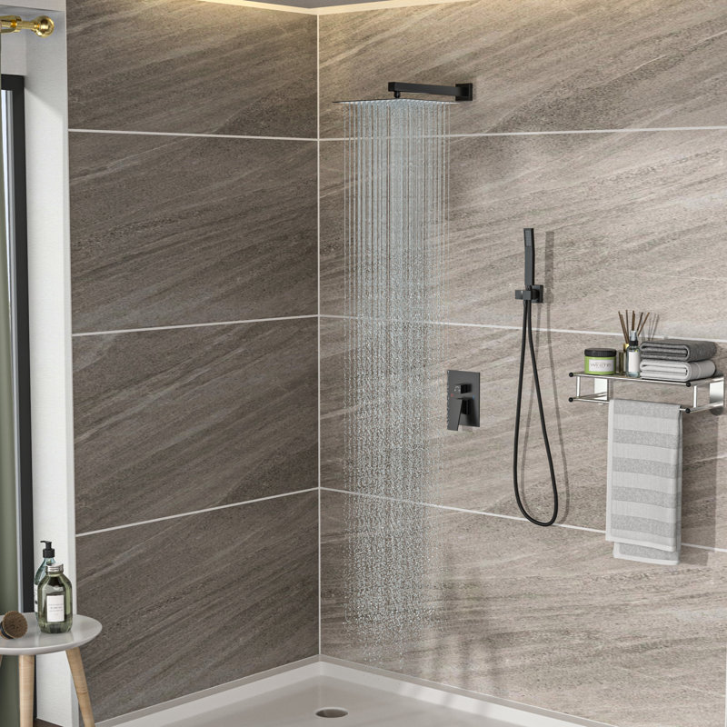 12 Inch Square Dual Shower, Matte Black Finish, Wall Installation Mounted Shower Head - Inch, Black, Thin Overhead