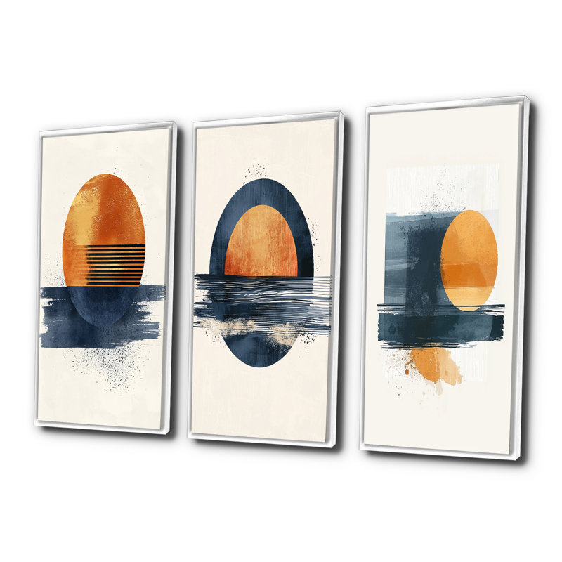 «Geometric Blue and Orange Sunrise Symmetry I», collection d'art mural moderne, H 28 po x l 36 po, Blanc