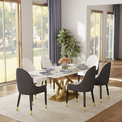 Zagan 7-Piece Modern Dining Room Sets, Sintered Stone Tabletop Kitchen Dining Table Set with 6 PU Upholstered Chairs