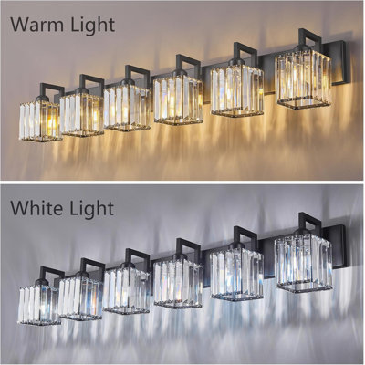 Luminaire de meuble-lavabo moderne en cristal avec 6 lumières, finition noire, abat-jour en cristal K9 transparent, compatible avec douille E26, installation facile, design durable et élégant