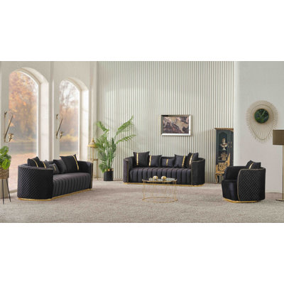 Wanda 3-Piece Velvet Living Room Set – Two Sofas  One Chair, Black with Gold Trim