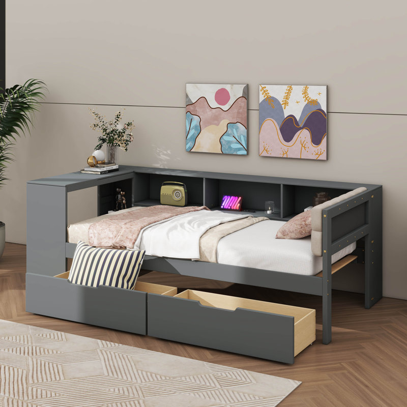 Lit plateforme avec tablettes de rangement, tiroirs, station de charge et tête de lit tapissier, Gris, Double