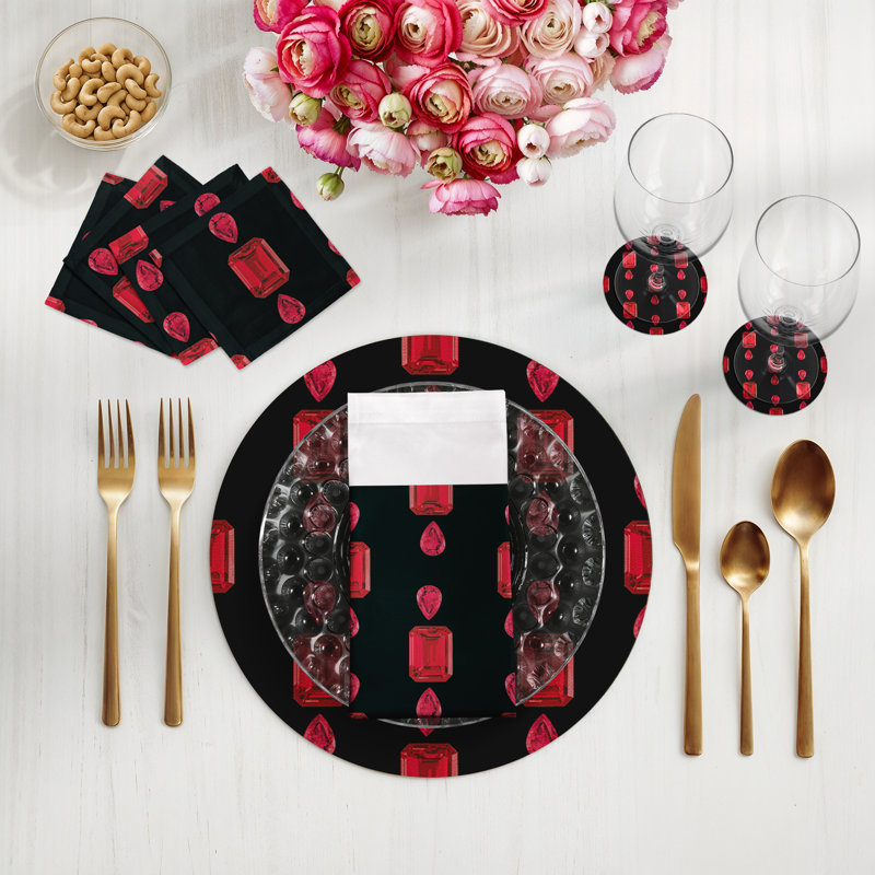 Gem Emeralds Vegan Leather Round Pebble Placemat, Rubys, Black
