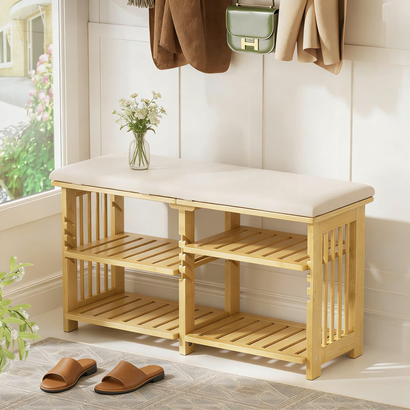 Étagère à chaussures en bambou avec sangle de rangement et coussin de siège, organisateur de chaussures à hauteur réglable à 3 niveaux pour l'entrée, le couloir et le salon