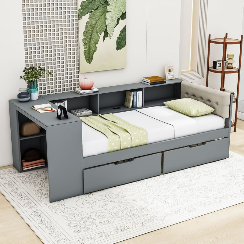 Two Drawers Wood Platform Bed with Storage Shelves and Charging Station, Twin, Gray
