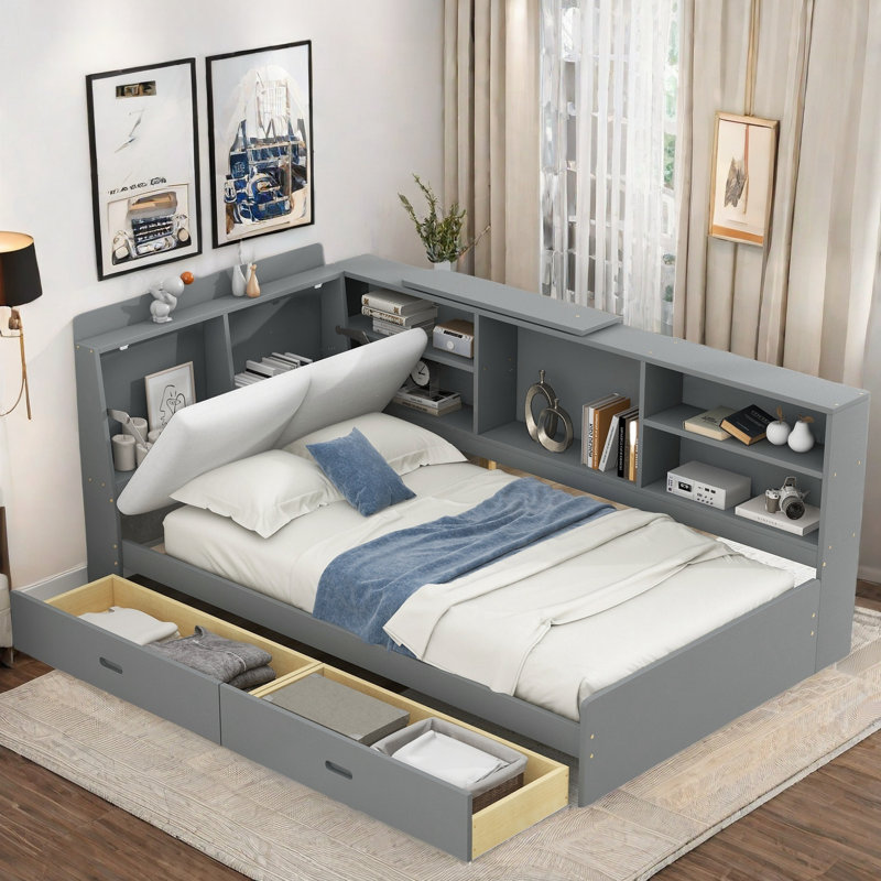Preslei With Upholstered And Storage Headboard, Rotatable Board, Storage Shelves And 2 Drawers, Grey