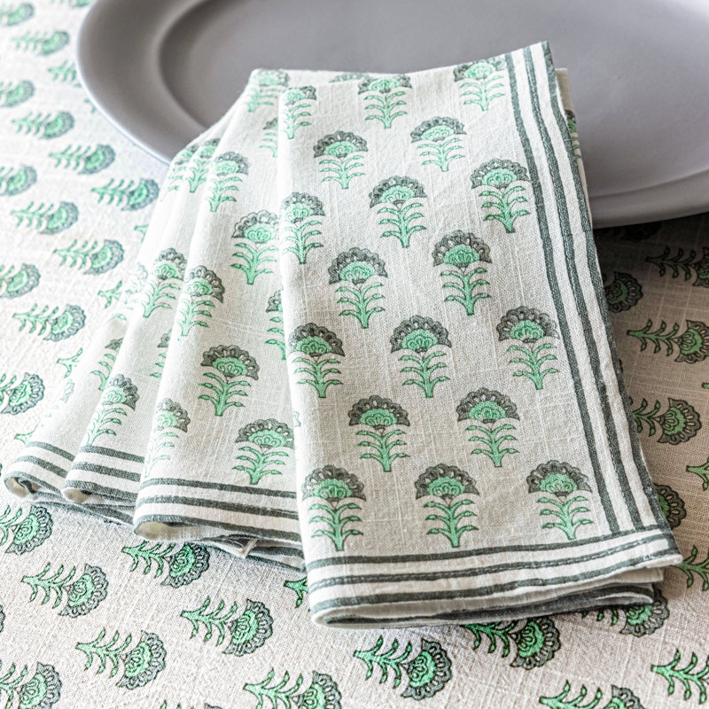 over&back Hand-Blocked Napkins, Set of 4, Green Flower