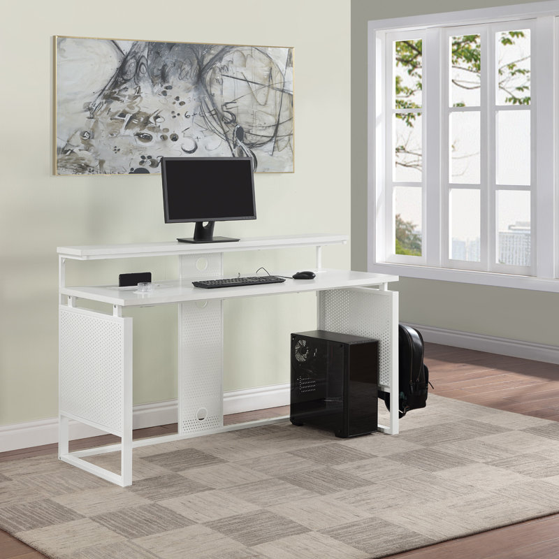 Poukner 60" Desk with Hutch Shelf, White