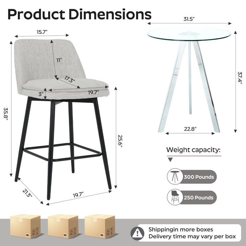 Ensemble de table de bar moderne avec tabourets 31,5 po Modern, Blanc cassé, 3 pièces: table, 2 chaises, Argent argent