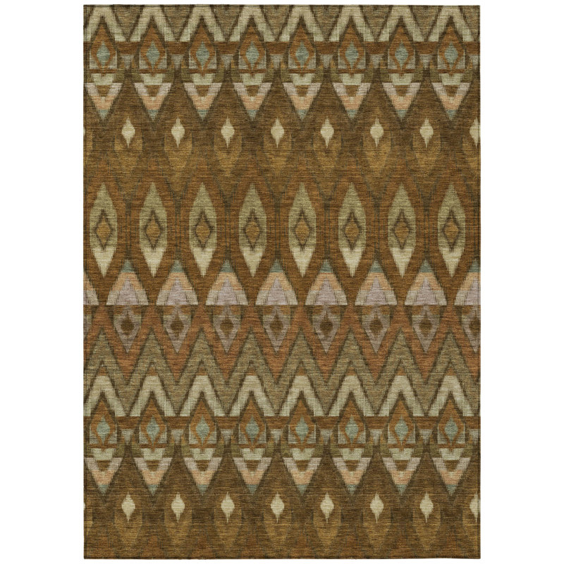 3' X 5' Brown Beige And Artichoke Green Southwestern Washable Indoor Outdoor Area Rug