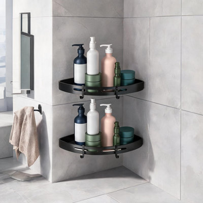 Étagère de coin de douche en aluminium ajouré avec fixation adhésive et crochets de suspension pour une organisation optimale de la salle de bain