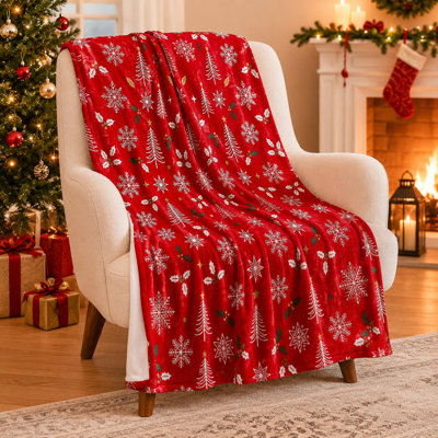Classic Sleigh Christmas Blanket with Holly, Pine Branches, Pinecones and Snowflakes, Red Flannel Throw for Couch, Bed and Vintage Holiday Styling, 50 x 60 in