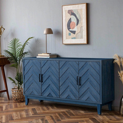 Vintage Sideboard with 4 Door, Credenza Cabinet with Metal Handle for Entryway, Antique Navy Blue