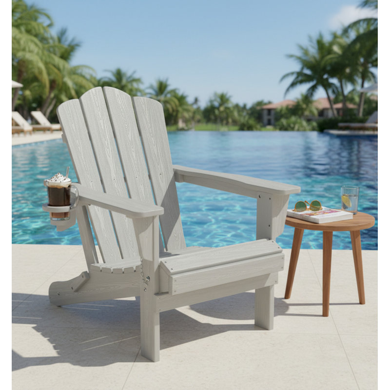 Silver-Grey HDPE All-Weather Folding Adirondack Chair With Wood Grain Texture And Cup Holder. Ideal For Patios, Pools, Backyards, And Terraces.