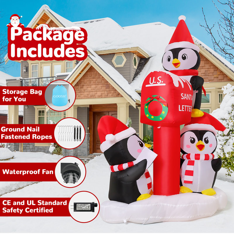 Boîte aux lettres gonflable de Noël 6,5 pi avec trois pingouins autour du Père Noël 