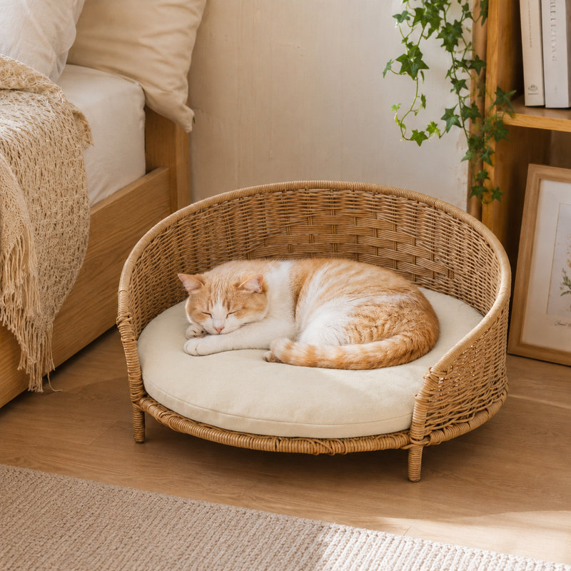 Chaise de lit pour chat en rotin surélevée tissée à la main, canapé-lit rond en osier respirant pour petits chiens et chats, niche ouverte toutes saisons pour animaux, kaki foncé