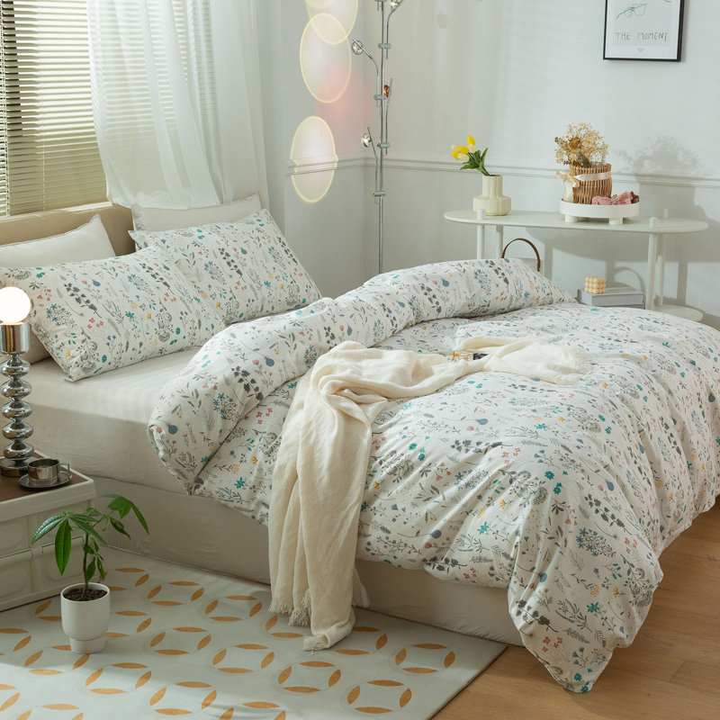 Cotton Floral Duvet Cover Set, King Duvet Cover + 2 Standard Shams, Teal Floral