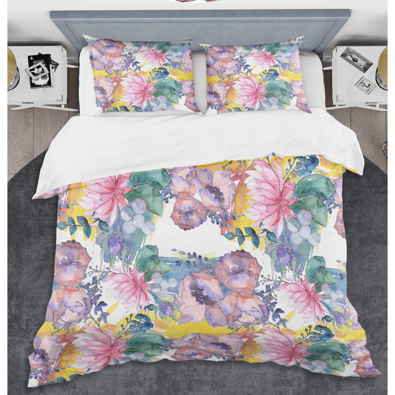 Ensemble de housse de couette à style mid-century botanique à motif floral rétro, Housse simple + 1 taie décorative