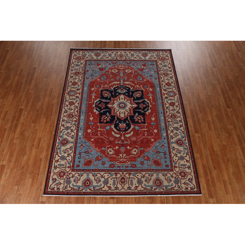 Tapis turc rouge à motif floral Heriz Serapi noué à la main